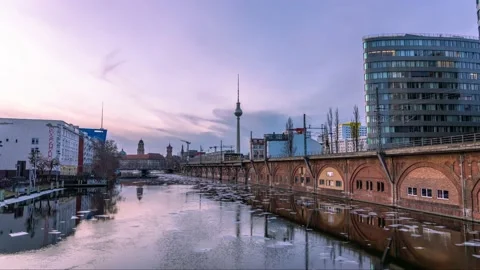 Berlin, Germany 2021- Winter Time Lapse of floating ice on river Spree and tv Stock Footage 150269036