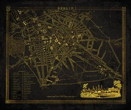 Berlin Germany Antique City Map with Spree River and Friedrichswerder Tower.. Stock Illustration
