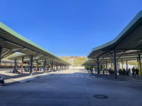 Berlin, Germany - April 11, 2025: A spacious bus station features modern Stock Photos