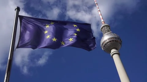 Berlin, Germany - April 6, 2026: EU Flag waving in front of the Berlin TV Tower 스톡 동영상 333473017