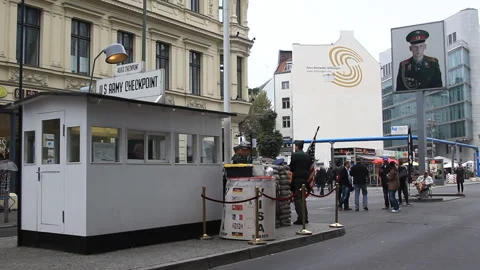 Berlin, Germany - Aug 2014 : Checkpoint Charlie was the name given by the Wes 스톡 동영상 166386715