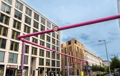 Berlin, germany, august 13, 2023. Berlin's distinctive pink water pipes run.. Stock Photos
