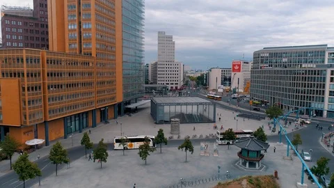 BERLIN, GERMANY – AUGUST, 2019: Aerial drone panorama view of Potsdamer Platz Video stock 119330110
