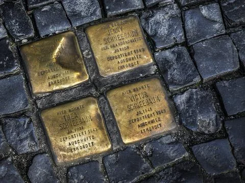 Berlin, Germany. August 23, 2017. Example Stolpersteine project names victims. Stock Photos