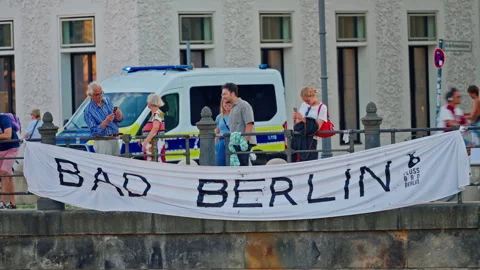 Berlin, Germany, August 8, 2025: Demonstration with banners in the center of Stock Footage 320806764