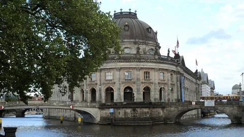 BERLIN GERMANY. Bode museum in sunny day with pleasure boat on Spree river Stock Footage 127154306