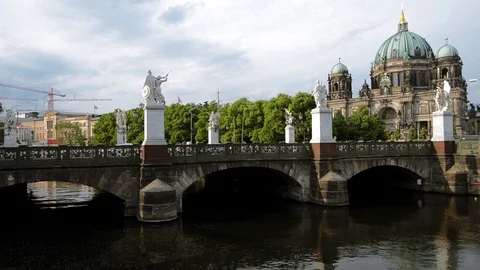 BERLIN GERMANY. Bridge over Spree river before cathedral building, in nasty day Stock Footage 127154512