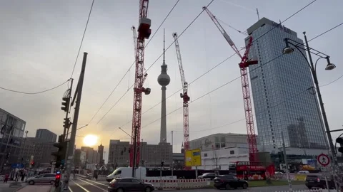 Berlin, Germany: Cranes at a construction site at Alexanderplatz, 4K Stock Footage 256173612