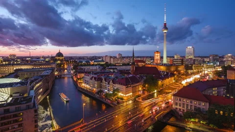 Berlin, Germany, Day to Night Timelapse View of Skyline and Boats on Spree River Stock Footage 135086982