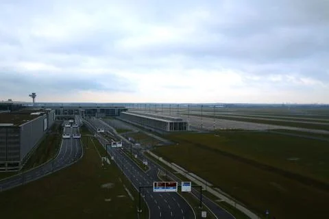 BERLIN, GERMANY - JAN 17th, 2015:Empty street to the Berlin Brandenburg Airport Stock Photos