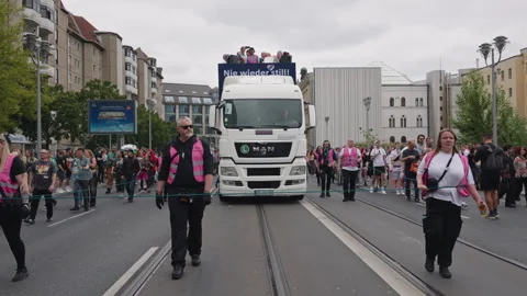 Berlin, Germany - July 26, 2025: Pride parade truck moves through central Berlin Stock Footage 346239653
