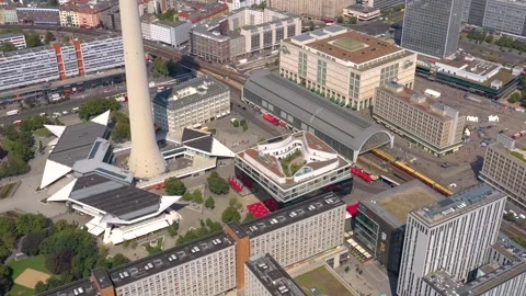 BERLIN, GERMANY - JUNE 16, 2023: Aerial drone view shot of TV Tower on the main 스톡 동영상 265664288