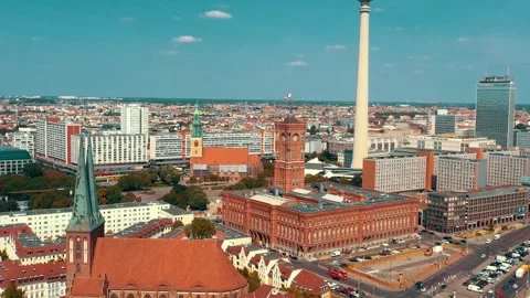 BERLIN, GERMANY - JUNE 16, 2023: Aerial drone view shot of TV Tower on the main 스톡 동영상 265677209