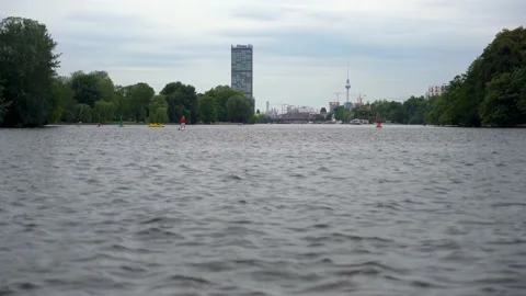 Berlin Germany long shot distant view of TV Tower river water rack focus Stock Footage 145911596