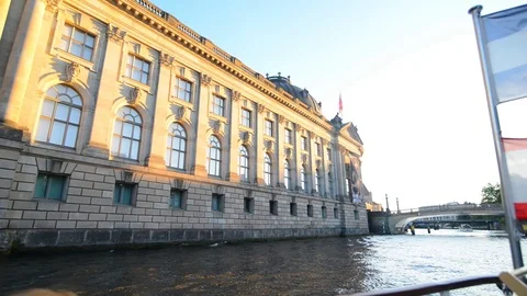 BERLIN GERMANY MAY 26 2017 Bode museum building from boat view in sunset. Stock-Footage 127154024