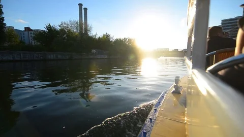 BERLIN GERMANY, MAY 26, 2017 Edge of boat in Spree river in sunset. Stock-Footage 127154037