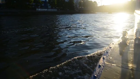 BERLIN GERMANY, MAY 26, 2017 Edge of boat in Spree river in sunset. Stock Footage 127154050