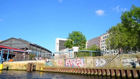 BERLIN GERMANY MAY 26 2017 Building on Spree from boat view in sunset. Stock Footage 127154064