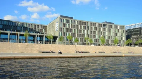 BERLIN GERMANY MAY 26 2017 Building on Spree from boat view in sunset. Stock Footage 127154073