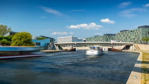 BERLIN, GERMANY - MAY,2019: Timelapse view of a bridge over Spree River, with Stock Footage 124862669