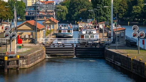 BERLIN, GERMANY - MAY,2019: Timelapse view of a boat and ship movement on Spree Stock Footage 124883011