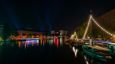BERLIN, GERMANY - MAY,2019: Timelapse view of a boat and ship movement on Spree Stock Footage 124886883
