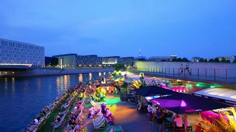 Berlin, Germany - OCT 2018: Spree River and Lounge Bar, Night Stock Footage 96138534