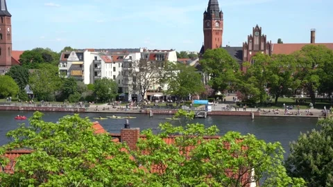 Berlin Germany spring day 2020 kayaking boating people park river Stock Footage 145943140
