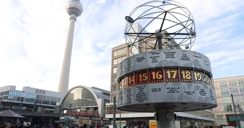 BERLIN, GERMANY Street view of the square Alexanderplatz with Urania World Clock Stock Footage 232837477