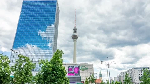 Berlin, Germany -Timelapse of tv tower and Hotel ParkInn building with the sky Stock-Footage 140065314