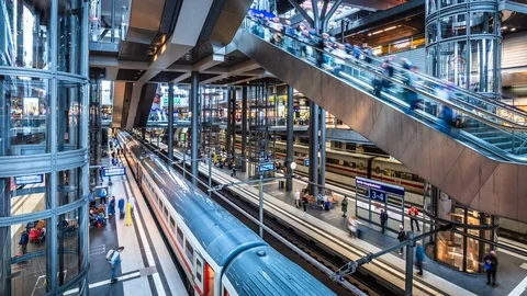 Berlin, Germany, Timelapse View of Trains and Passengers, Berlin Central Station Stock Footage 116487558