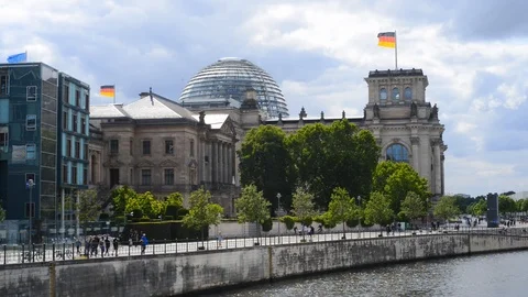 Berlin, Germany, view to the Reichstag building on the river Spree Stock Footage 114375331