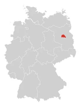 Berlin highlighted on map of Germany, red on grey Stock Illustration