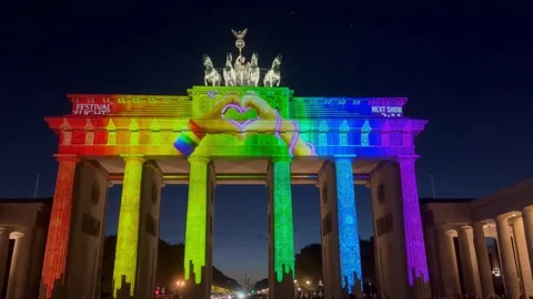 Berlin: Illuminated Brandenburg Gate during Festival of Lights, 4K Stock Footage 218323012