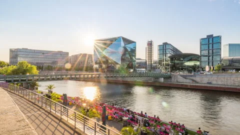 Berlin main station waterfront view. Downtown skyline of Berlin, Germany in a 4k Stock Footage 260565431