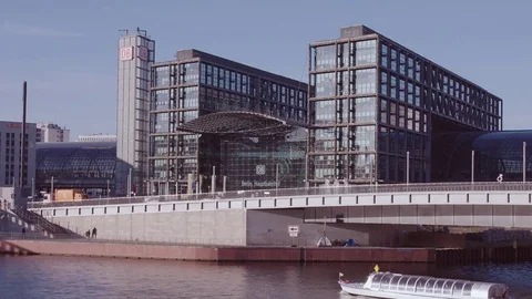 Berlin Mainstation with Ship and River Stock-Footage 76164630