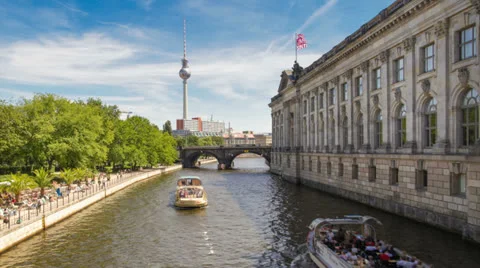 Berlin Mitte City Spree Timelapse with Speed Boats in 1080p FULL HD Stock Footage 26329607