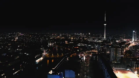 Berlin night drone shot Alexanderplatz TV Tower cinematic Stock Footage 320249807