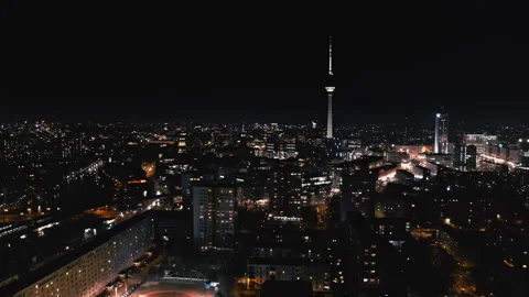 Berlin night drone shot Alexanderplatz TV Tower cinematic, Berlin, 2024 Stock Footage 320249976