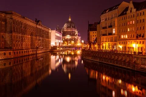 Berlin by night with a view over the Spree canal and Museum Island Stock Photos