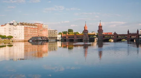 Berlin Oberbaum Bridge with a Train and Reflection in Full HD 1080p from RAW Stock Footage 42795758