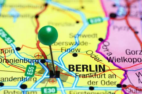 Berlin pinned on a map of Germany Stock Photos