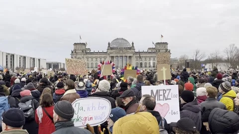 Berlin: Protest in front of Reichstag for preservation of political firewall, 4K Stock Footage 300789794