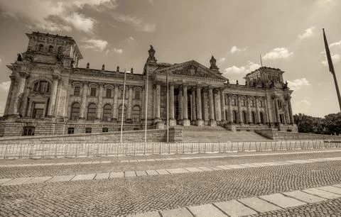 Berlin Reichstag facade showcasing classical stone structure combined with .. Stock Photos
