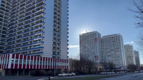 Berlin: Residential high-rise panel buildings on Leipziger Strasse in Mitte, 4K Stock Footage 171483211