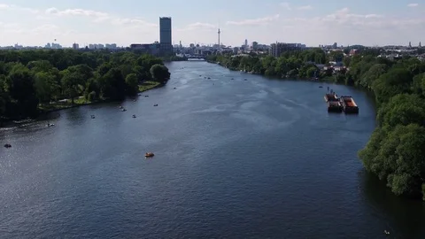Berlin river spree skyline with tv tower on a sunny summer afternoon, aerial. Video stock 80601100