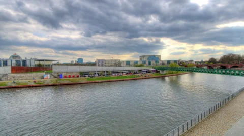 Berlin River Spree in time lapse with clouds and tourist boat Stock Footage 33731837