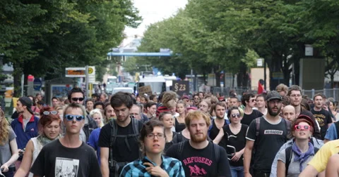 Berlin Road Young People Crowd March Anti Racism Protest Freedom Fight Placard Stock Footage 44408076