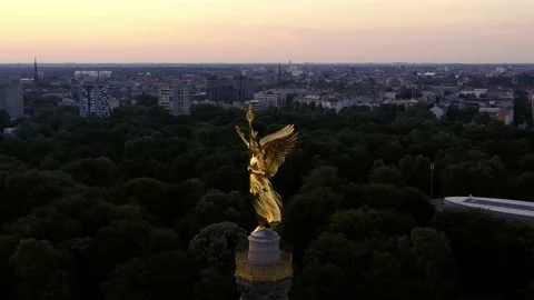Berlin Siegessaule Victory column Aerial view 360 degrees, Sunset Berlin, Drone Stock Footage