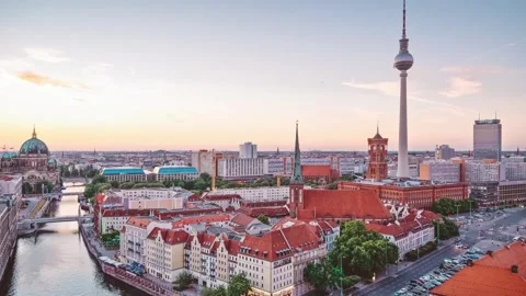 Berlin skyline featuring the tv tower at sunset Stock Footage 312538145